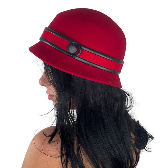 1970s Vintage Broner Vintage Red Bowler Hat Chic Red Wool Hat with Black Button - Picture 4 of 8